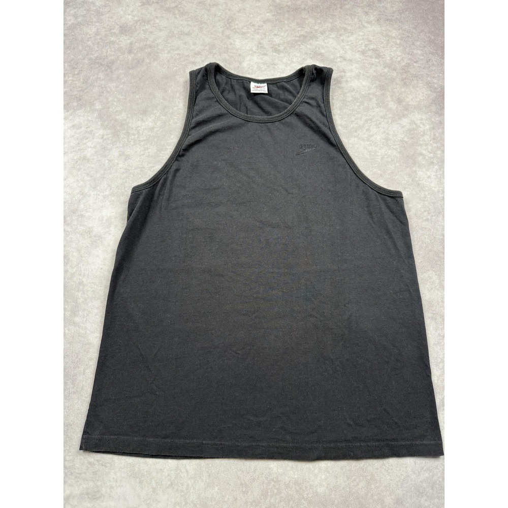 VTG Speedo Tank Top Mens XL Black Embroidered Logo Made USA 100% Cotton Athletic